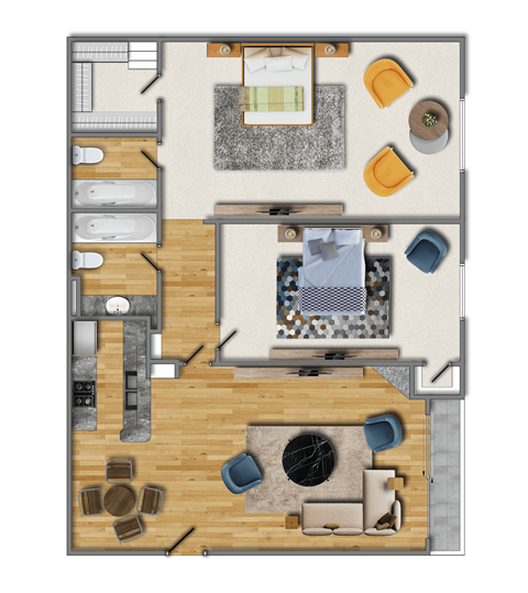 Floor plan for 2 beds, 2 baths, 1100 sqft